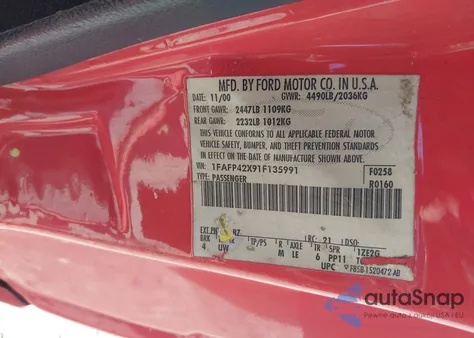 2001 Ford Mustang Gt from USA, damaged, VIN 1FAFP42X91F135991